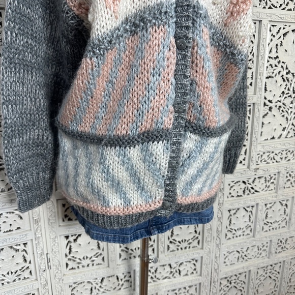 Vintage Handknit Grannycore Pink & Grey Chunky Cardigan Sz Medium - Picture 3 of 10